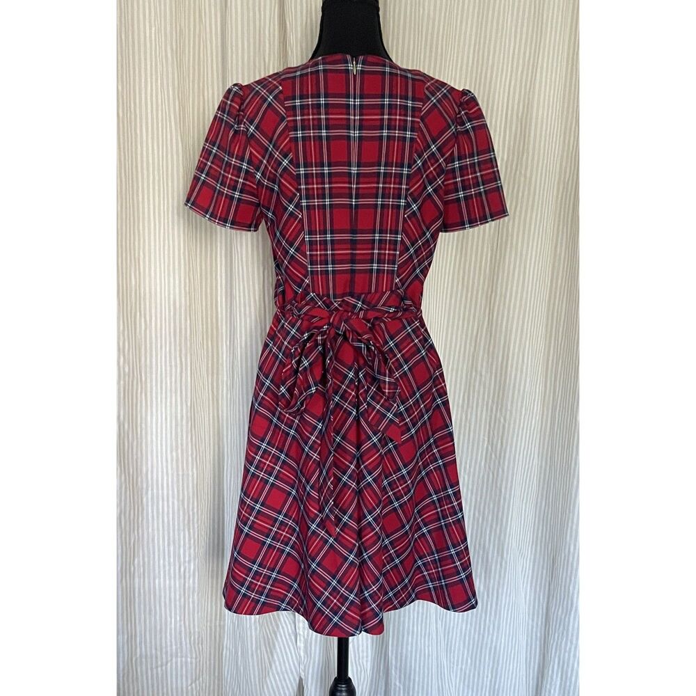 Draper James Women Plaid Fit Flare Dress Size 6 Red Navy Short Sleeve Tie Waist - Picture 3 of 8